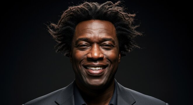 Portrait of a smiling black man with dreadlocks against a dark background