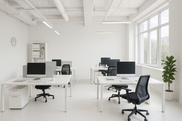 Fototapeta premium Sleek White Workspace with Simple Design and Modern Furnishings