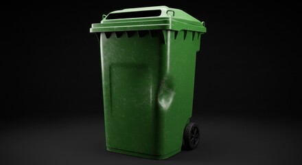 Green wheeled trash can with visible damage against a dark backdrop signifying waste management
