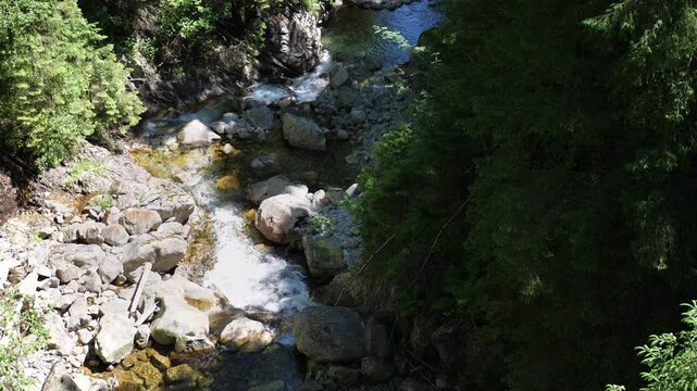 Aerial view of a fast mountain stream flowing through a forest, with small waterfalls, rapids, foamy water, and large rocks on a hot, sunny summer day.