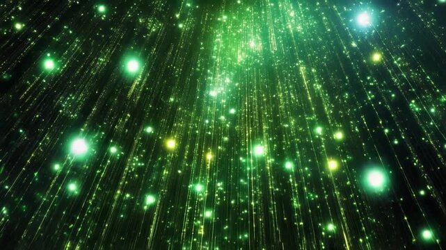 Celestial Cascade: Abstract illustration of light in shades of emerald green, simulating the awe-inspiring beauty of a celestial waterfall.