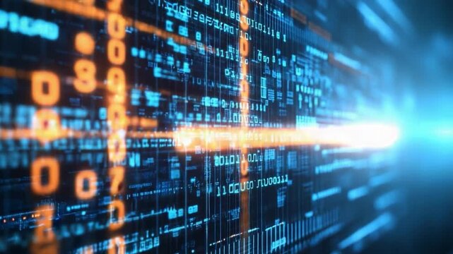 Digital Code's Luminance: Abstract composition of binary code data streams, illuminating the intricate network of digital information in a captivating visual spectacle.