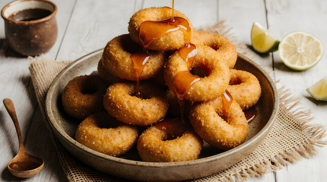 Picarones Peruvian Sweet Potato Donuts with Chancaca Syrup
