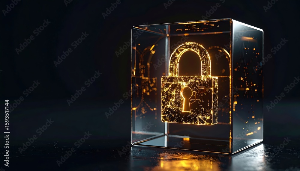 Poster digital security concept with glowing padlock inside transparent cube representing data protection a