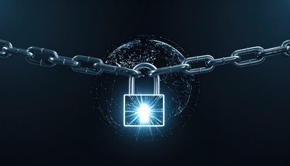 Close-up of a glowing digital padlock connected to a metal chain representing cybersecurity data protection and online security concepts against digital threats and hacking