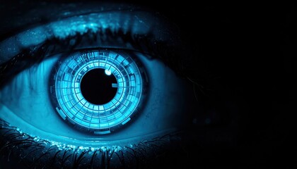 Close-up of a human eye with a futuristic digital blue interface design, high detail macro view highlighting the iris and surrounding eyelid in dark lighting