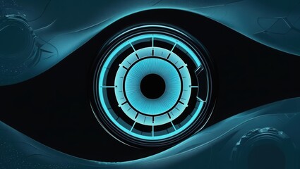 High-tech futuristic eye with glowing blue circular interface and digital elements suggesting advanced technology and innovation in cyber security