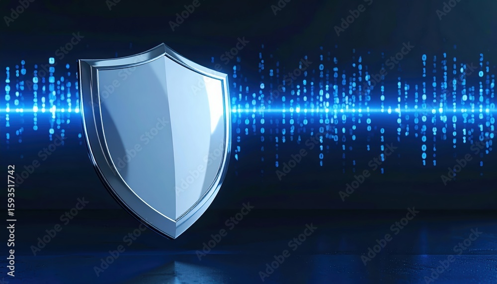 Poster digital cyber security shield symbol representing protection and data safety in technology with futu