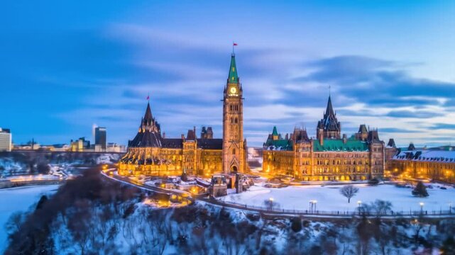 Snowy Ottawa Parliament Buildings At Dusk