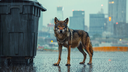 Wolf standing near trash bin in rainy city outskirts, urban wildlife in industrial zone, predator in human environment, wet pavement and skyline background