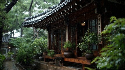 Korean traditional house in rain