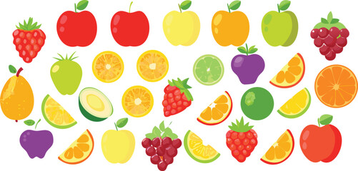 Obraz premium Assorted Colorful Cartoon Fruit Illustration Featuring Apples Berries Citrus on Transparent Background