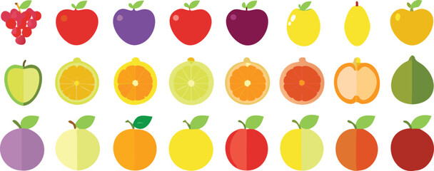 Obraz premium Flat Style Fruit Icons Collection Featuring Apples Citrus and Berries on Transparent Background