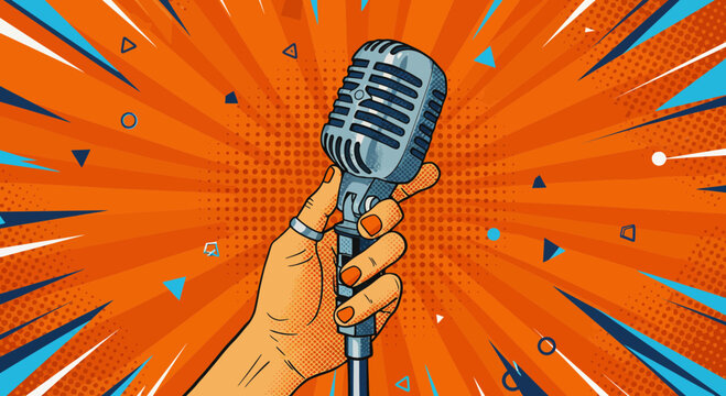 Naklejki Pop art style illustration of a hand holding a vintage microphone with burst background