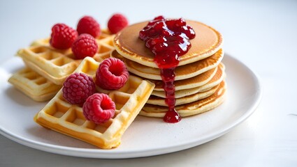 Appetizing stack of pancakes and golden waffles topped with raspberries and syrup on white plate.