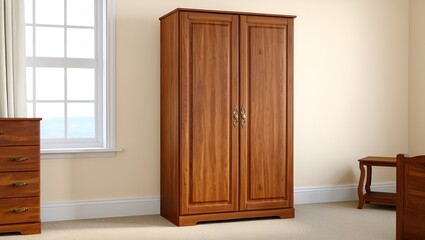 Fototapeta premium Elegant wooden wardrobe with closed doors stands in a neutral bedroom setting, lit by window light.