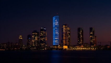 City skyline glows warmly at twilight reflecting light on waters edge during tranquil hour