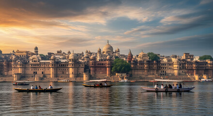 Naklejka premium Iconic Varanasi Ghats and Boats on Holy Ganges River at Sunset in India