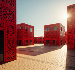 Red Abstract Decorative Buildings And Empty Squares On Sunny Days