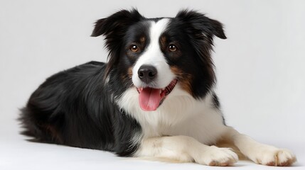 Fototapeta premium Happy Border Collie Relaxing on White Background Smiling Joyfully