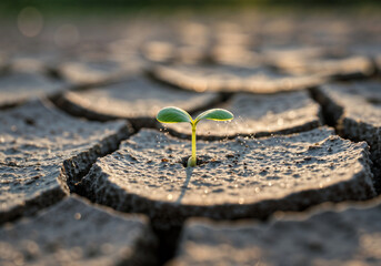 Small Plant Growing in Parched Earth Highlighting Environmental Challenges