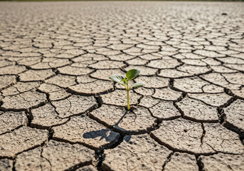 Small Plant Growing on Cracked Dry Soil in a Barren Landscape
