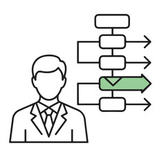 Businessman standing beside process flowchart with arrows  