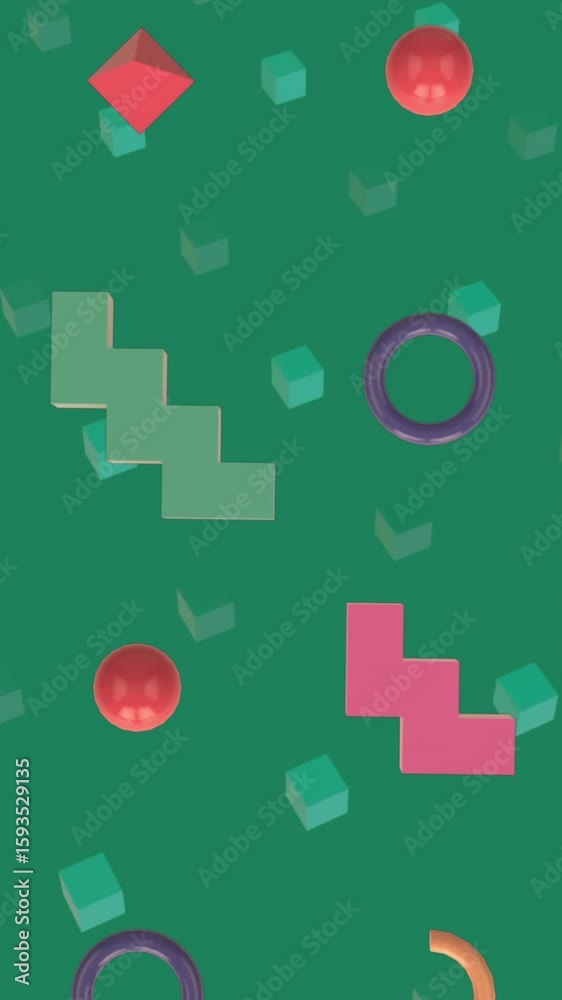 Poster animation of colorful 3d structures floating against copy space on green background