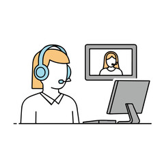 Person using headset for video call in office setting, concept of Business and Finance  