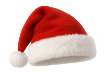 Santa claus red hat featuring fluffy white trim, isolated, ready for festive holiday graphic design needs