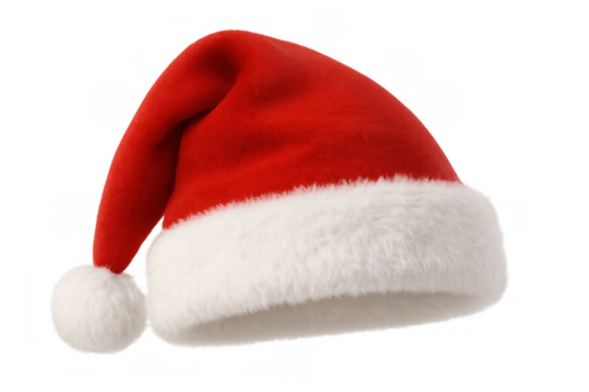 Santa claus red hat featuring fluffy white trim, isolated, ready for festive holiday graphic design needs