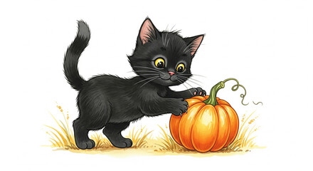 A Cute Kitten Playing with a Halloween Pumpkin for child