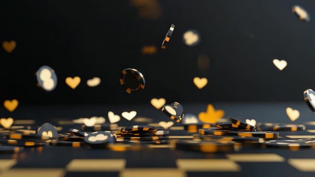 Casino Chips Falling on Board: A captivating shot of casino chips falling gracefully onto a checkered board, evoking a sense of luck and excitement. Capturing the anticipation of a high-stakes game.