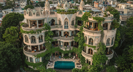 An opulent mansion illuminated by luxurious outdoor lighting, nestled within a gated estate with a blue sky, evoking elegance and exclusivity.