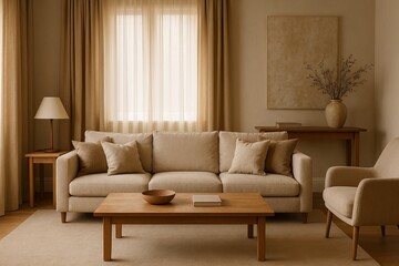 Fototapeta premium Realistic Interior Scene of Cozy Living Room in Soft Neutral Tones