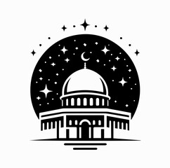 Black Vector Logo of Dome of the Rock with Starry Night — Silhouette Symbol of Jerusalem Spirituality