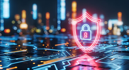 Cybersecurity Concept with Glowing Shield and Padlock Icon on Digital Circuit Board