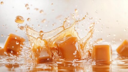 Caramel Cubes in Liquid Splash: Delightful caramel cubes creating an artistic splash, evoking sweetness, fluidity, and captivating dynamic movement.