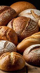 Breads assortment background. Different types of fresh bread on table, flat lay. group of different bread products