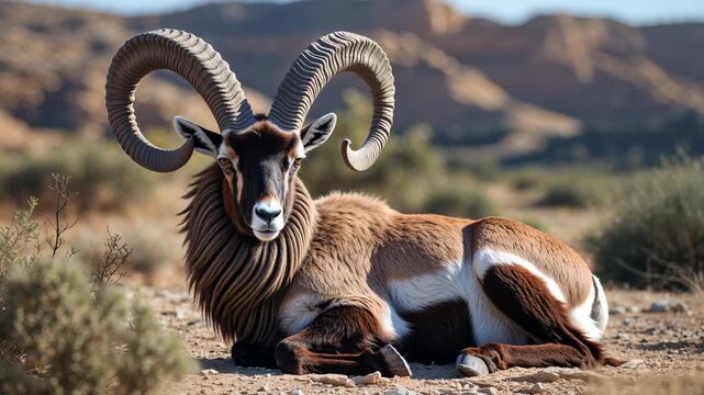 Majestic Male Ibex with Impressive Spiral Horns Lounging in the Sunlight of Israel's Negev Nature Reserve