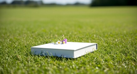 White book with wildflowers on green grass for summer reading and relaxation