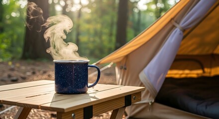 Steaming mug on wooden table next to camping tent at sunrise, perfect for outdoor relaxation