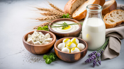 A high-quality food photography composition of dairy and bread products on a light gray textured surface .