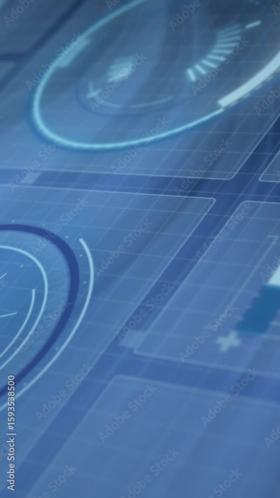 Poster animation of graphs, loading circles ang globe over wave pattern against abstract background