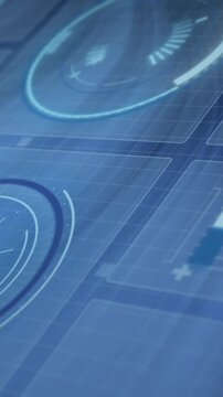 Animation of graphs, loading circles ang globe over wave pattern against abstract background