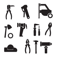 Collection of black workshop tools silhouette isolated on white background