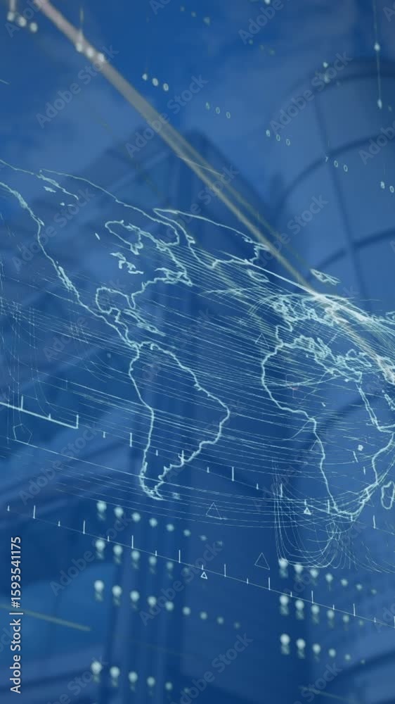 Poster Animation of interface with data processing over world map against low angle view of tall building