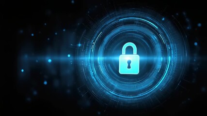 A vibrant blue padlock glows encircled by abstract light streams creating a sense of security and technological protection - Powered by Adobe