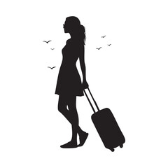 Woman with rolling luggage silhouette isolated on white background