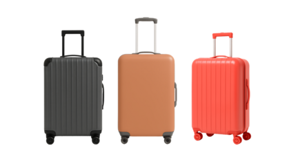 Three travel suitcases upright with handles extended different colors modern plastic luggage for vacation business trip or holiday isolated on transparent background